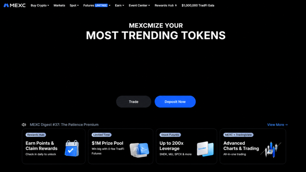 Dashboard de MEXC con el panel principal del exchange de criptomonedas