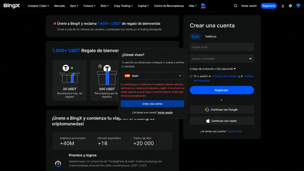 Panel principal de BingX con la página de registro y las principales funciones del exchange de criptomonedas.