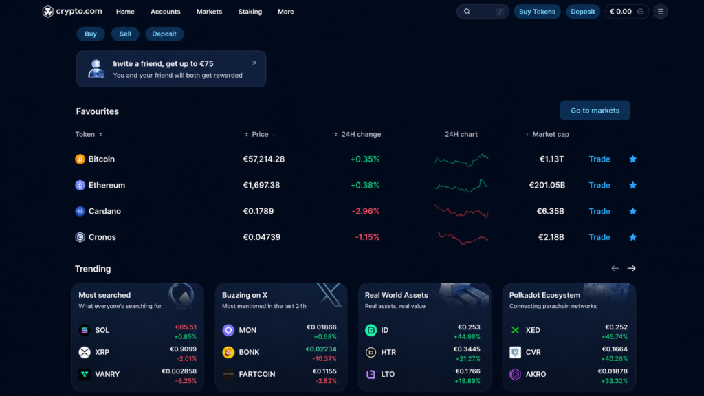 Panel principal de Crypto.com con los mercados de criptomonedas y las principales funciones del exchange.