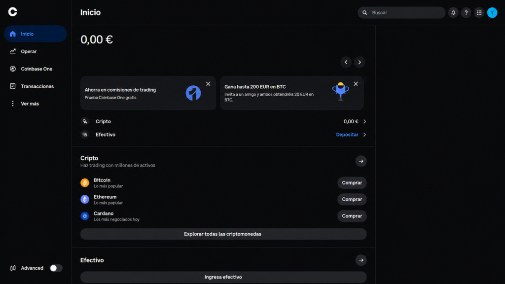 Dashboard principal de Coinbase con la vista general de la cuenta y acceso a compra de criptomonedas.