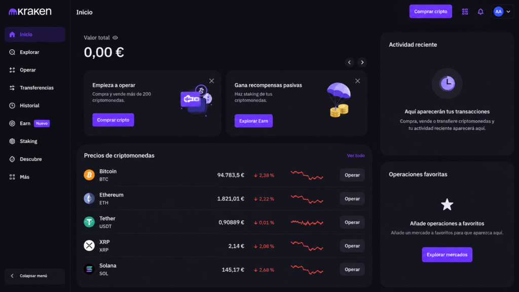 Dashboard Kraken Exchange para comprar y operar con criptomonedas