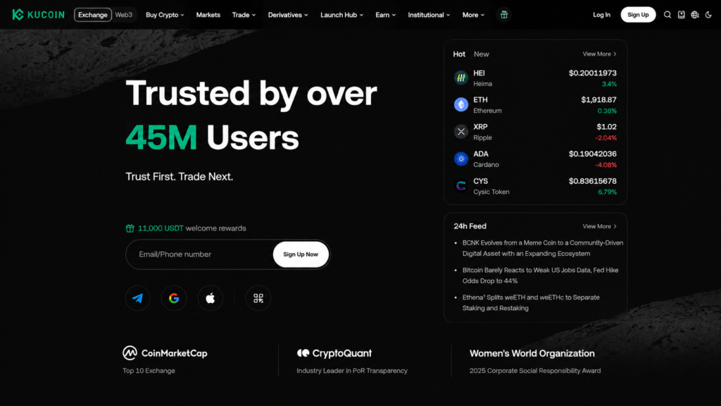 Panel principal de KuCoin con los mercados de criptomonedas y la página de inicio del exchange.
