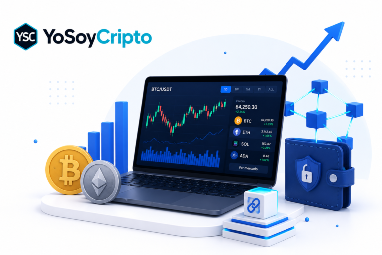 Ilustración de inversión en criptomonedas con Bitcoin, Ethereum, blockchain y gráficos de mercado - YoSoyCripto